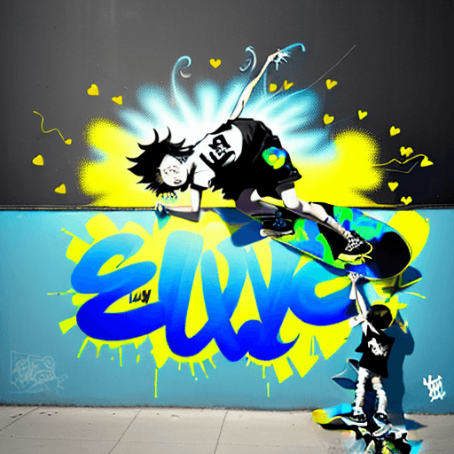 AI generated: Graphic design with a black and white boy writing "Louise" on a colorful wall painted with flying ye...