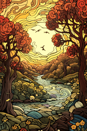 AI generated: Vector, a serene and peaceful multi-coloured landscape design, on a calming background, Gustatory-Au...