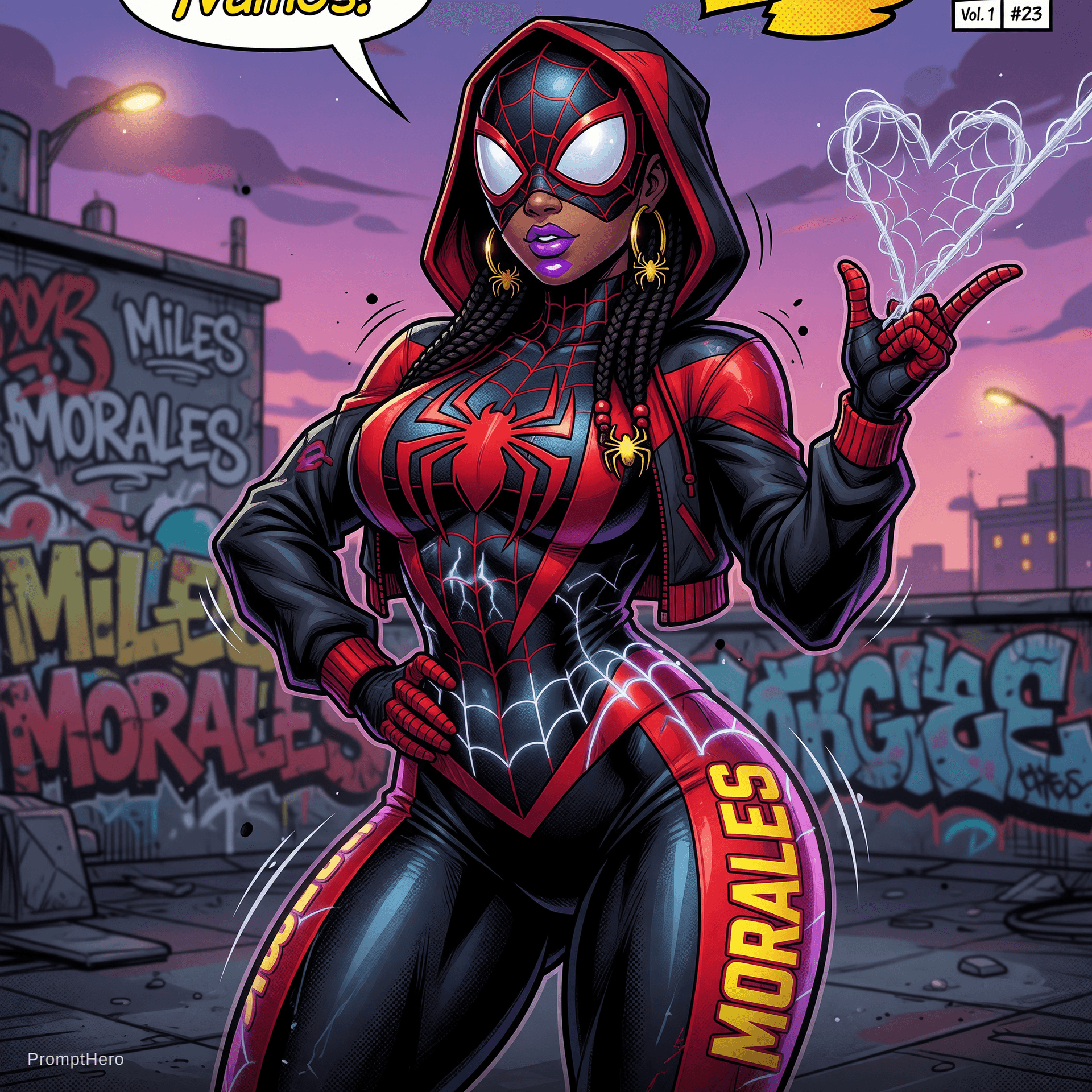 AI generated: female spider man, voluptous, in Miles Morales dress; comics art, rendering, high detail --ar 9:16