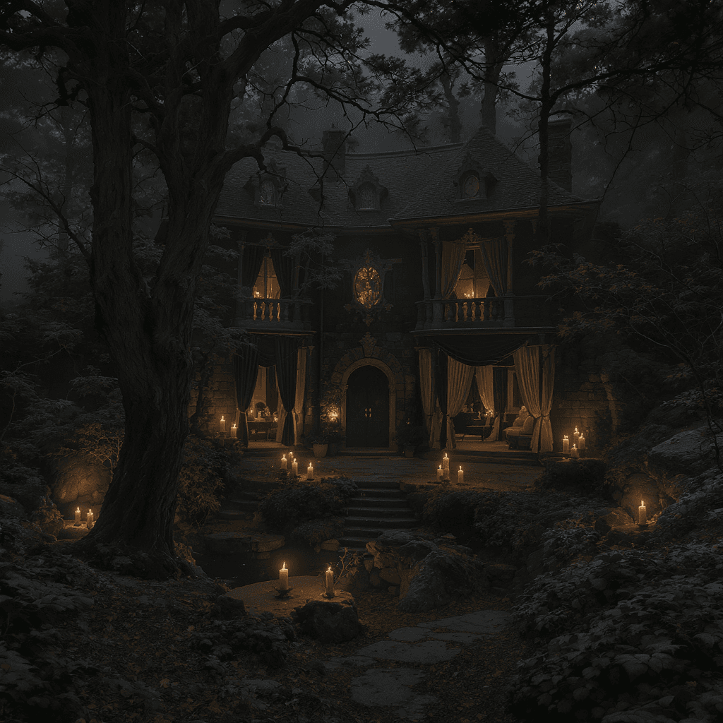AI generated: A mysterious, luxurious retreat hidden in nature — a timeless villa with dark stone walls, candlelit...