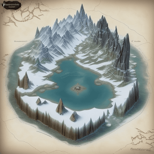 AI generated: /imagine prompt: Dungeons and Dragons snow lake map, 3D map, orthographic, the dragons cave adventur...
