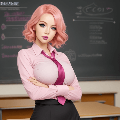 AI generated: Sexy teacher, pink hair, perfect eyes, light makeup, gorgeous detailed teacher lipstick school backg...