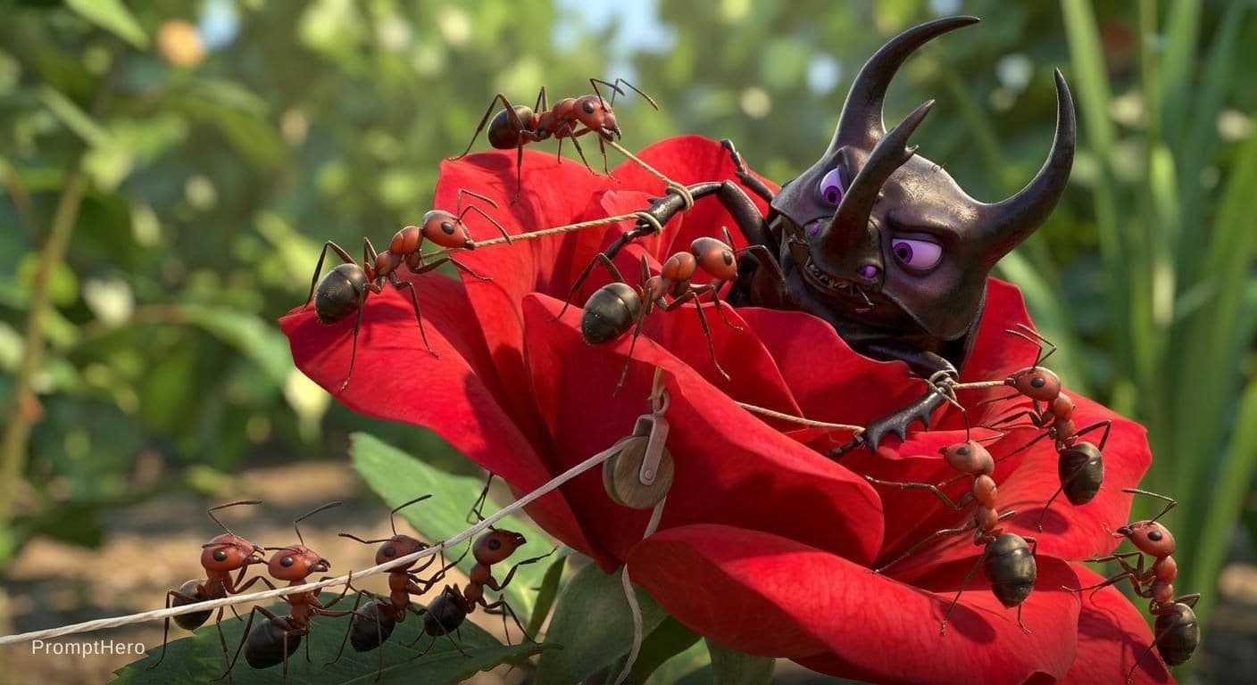 AI generated: An animation of several ants working together to defeat a giant villain in a flower.