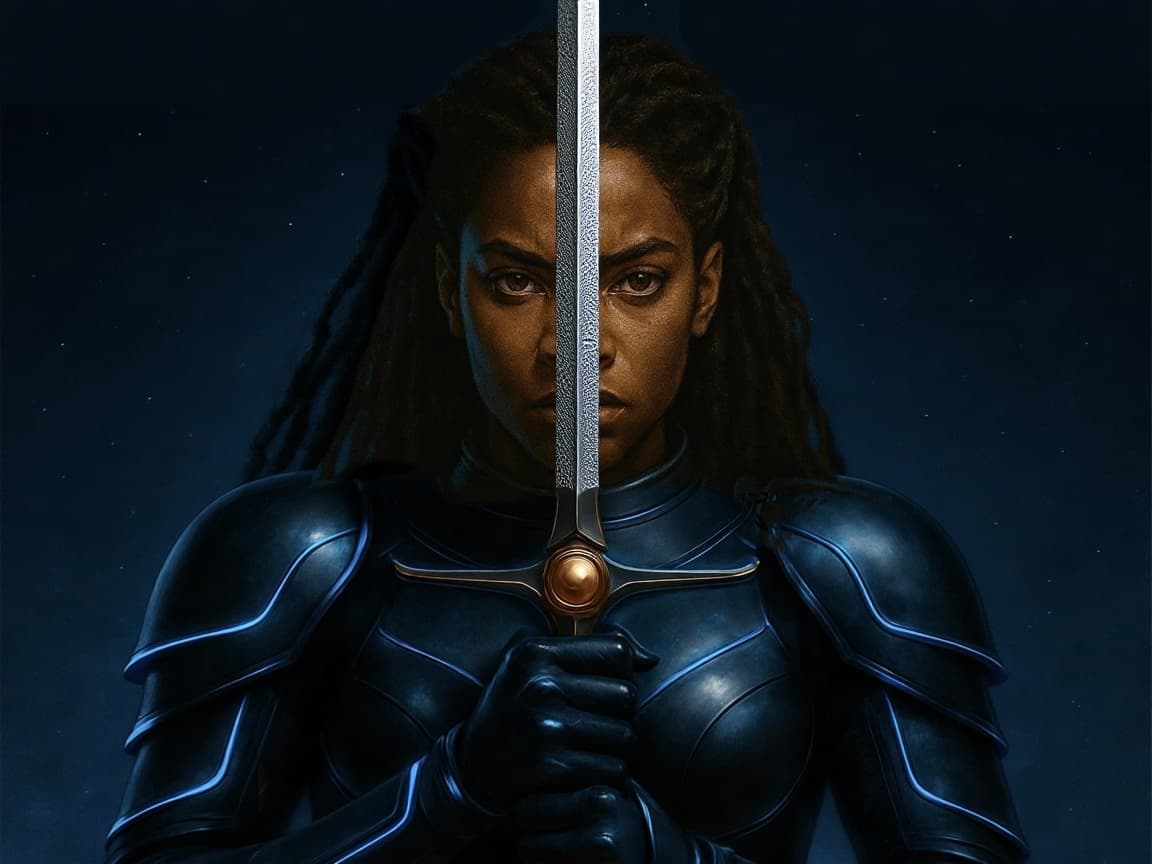 AI generated: Redo this image in its same style but make the the blade of the sword look similar in texture as the...