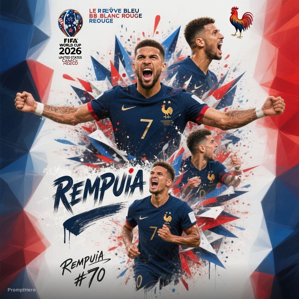 AI generated: Dynamic sports poster of Rempuia, France national team, FIFA World Cup 2026. Multiple poses collage:...