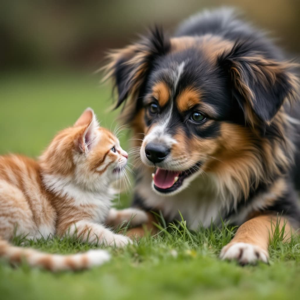 AI generated: A cat and a dog are playing on the grass, with the cat on the left side of the dog