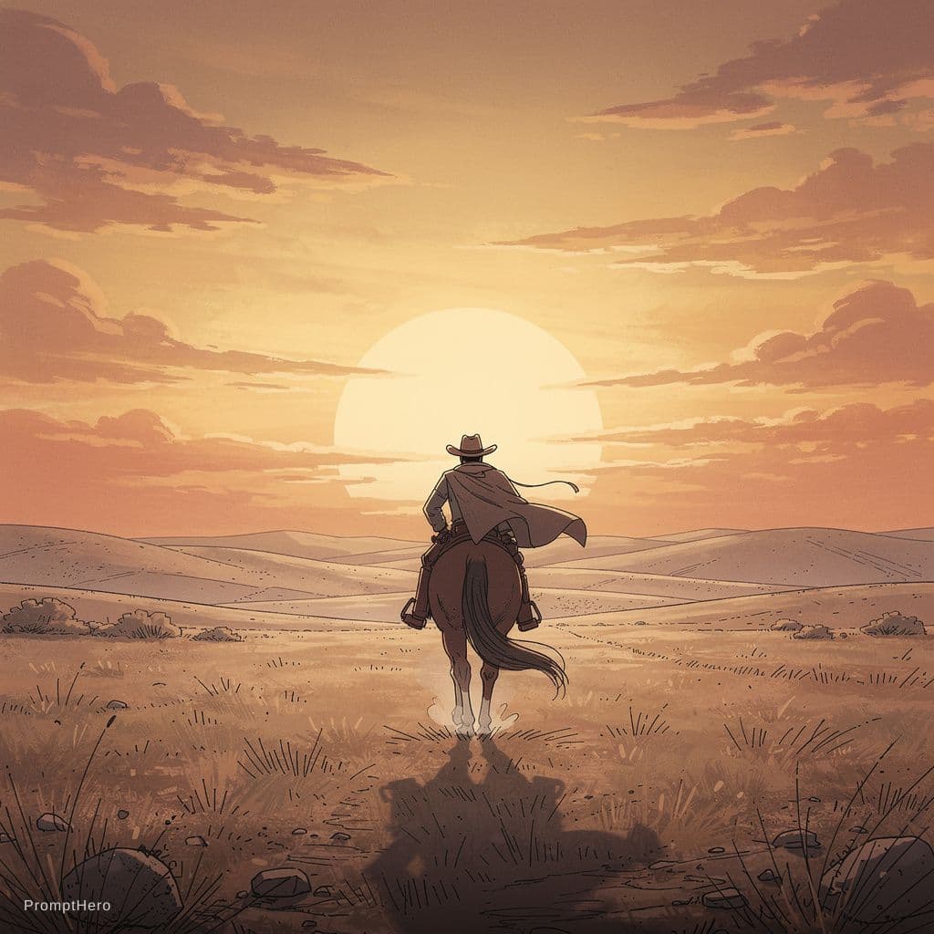 AI generated: A lone cowboy riding toward a glowing sunset across a quiet landscape, inspired by nostalgic comic w...