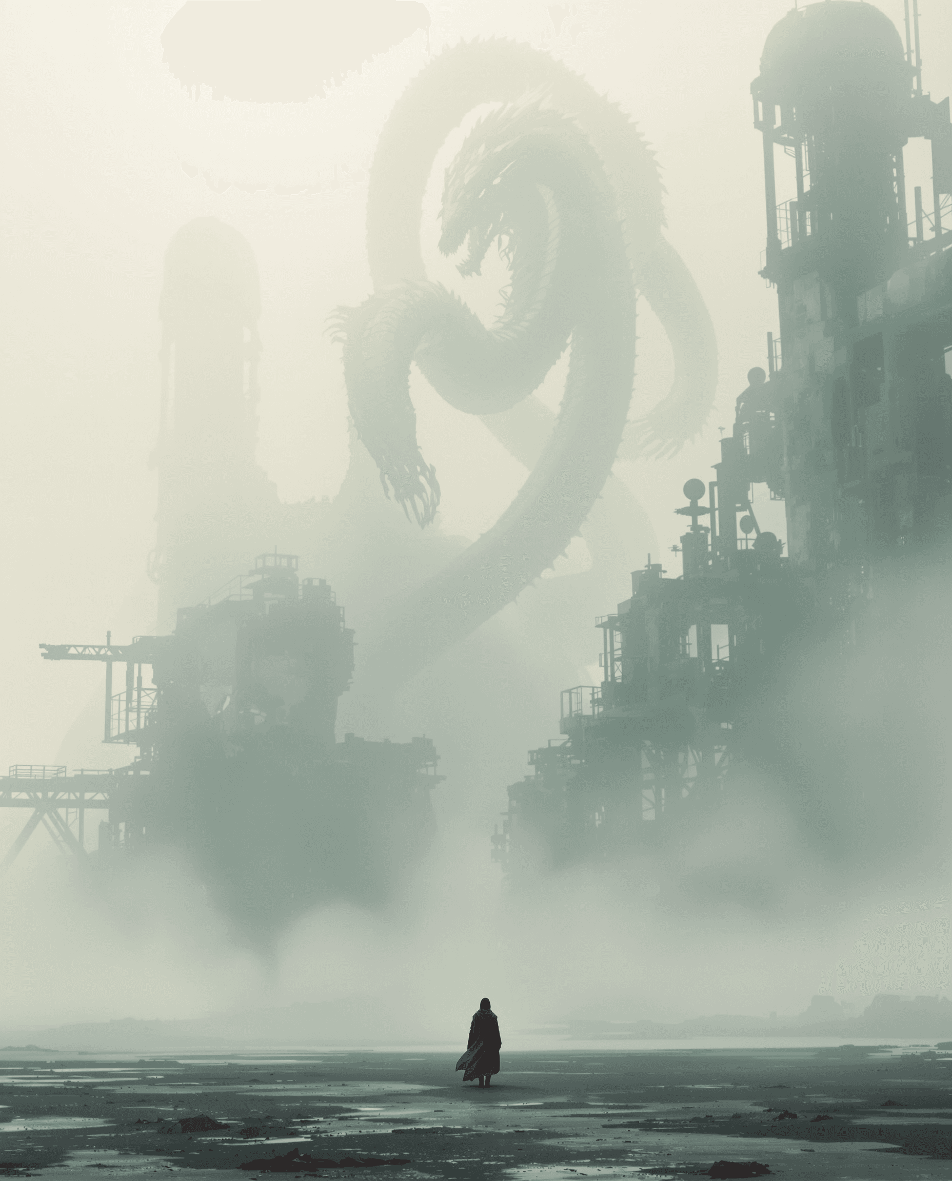 AI generated: A cinematic  landscape showing a lone figure standing in the distance, wearing a red cloak that flut...