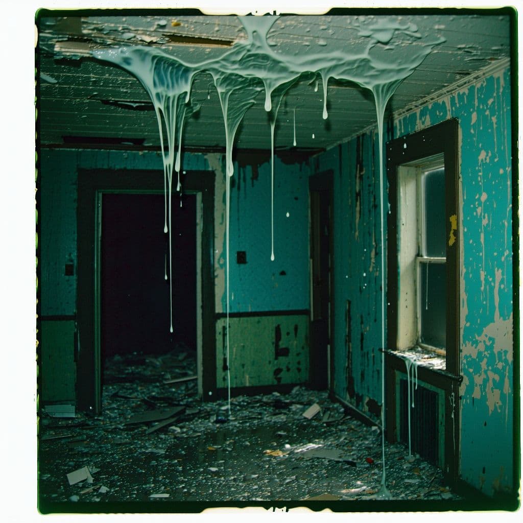 AI generated: grainy 80's photograph quality polaroid of king slime suicide caught in an abandoned house, dark