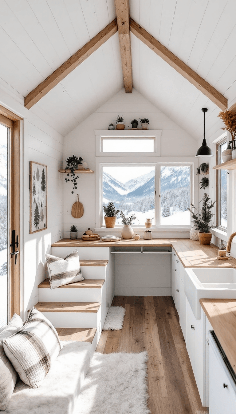 AI generated: photo of a tiny house with 2 floors, cozy white and wood interior, small space, minimalistic decor, ...