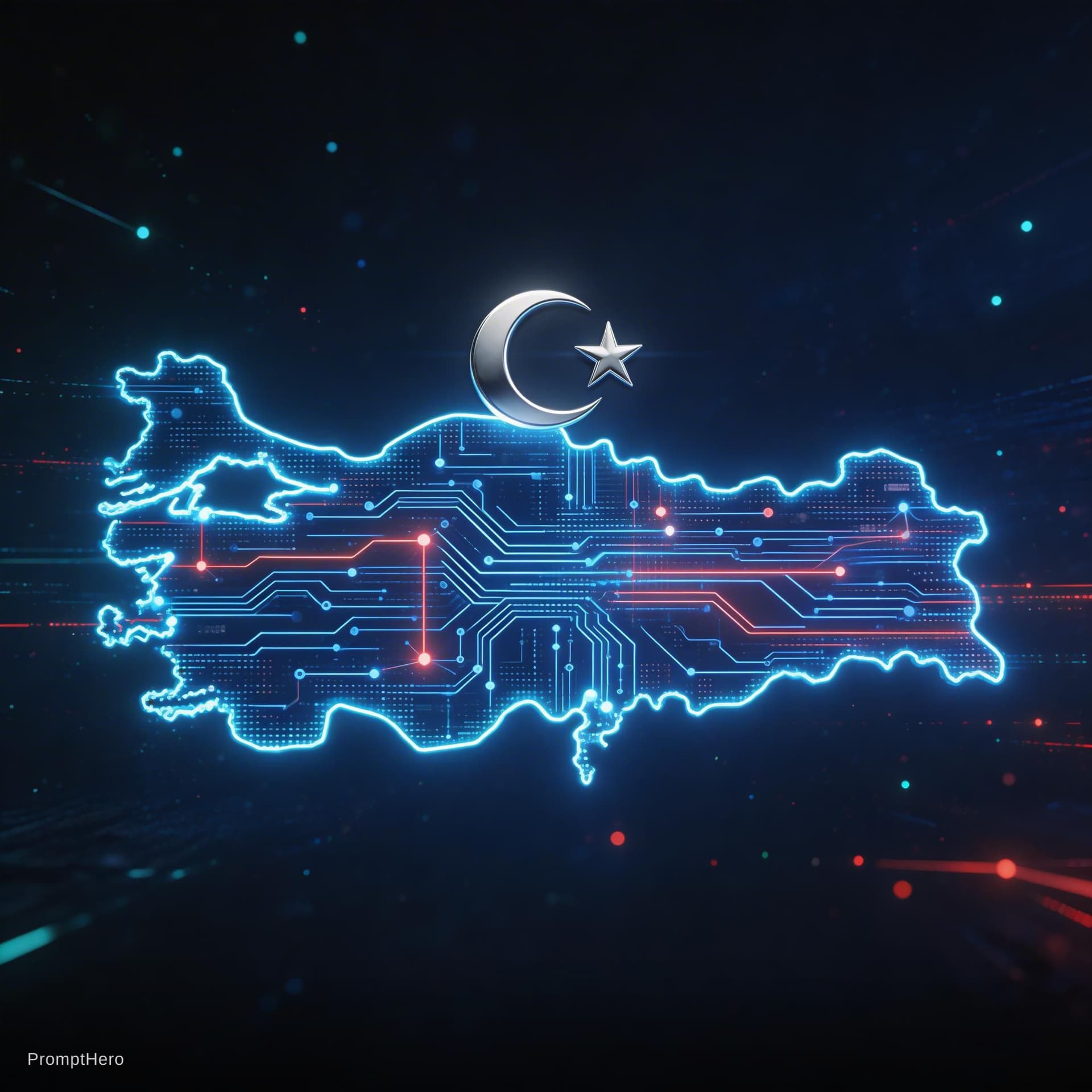 AI generated: A futuristic AI vision of Turkey, illuminated digital map of Turkey formed by glowing circuit board ...
