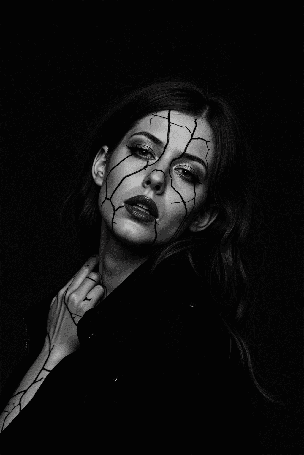 AI generated: A black and white photograph of the face of an attractive woman, focus on her lips, illuminated by d...