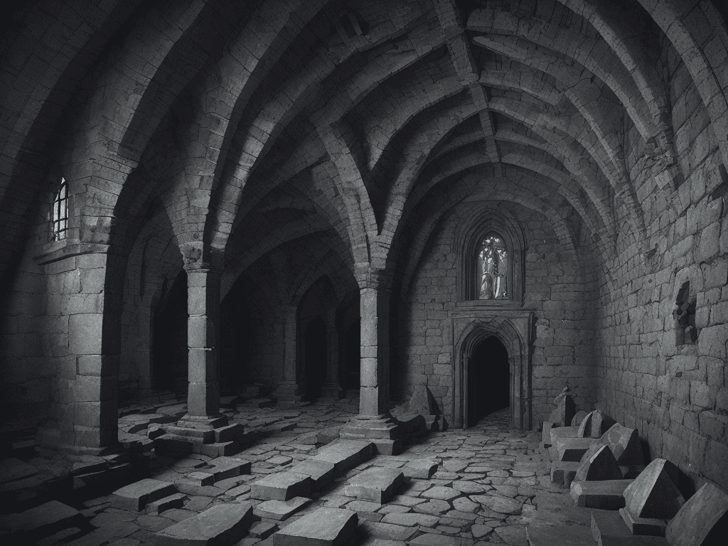 AI generated: The background of the image is a dark, damp crypt, with stone walls and a vaulted ceiling. The air i...