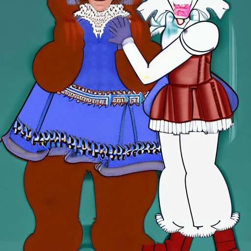AI generated: An anthropomorphic bear with brown fur in a frilly maid outfit is serving a white female anthropomor...