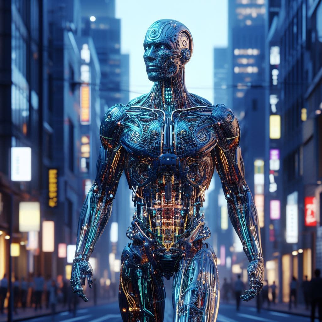 AI generated: complex 3d render of ultra detailed cyborg walking in the city, robotic parts, 150 mm, rim light, vi...
