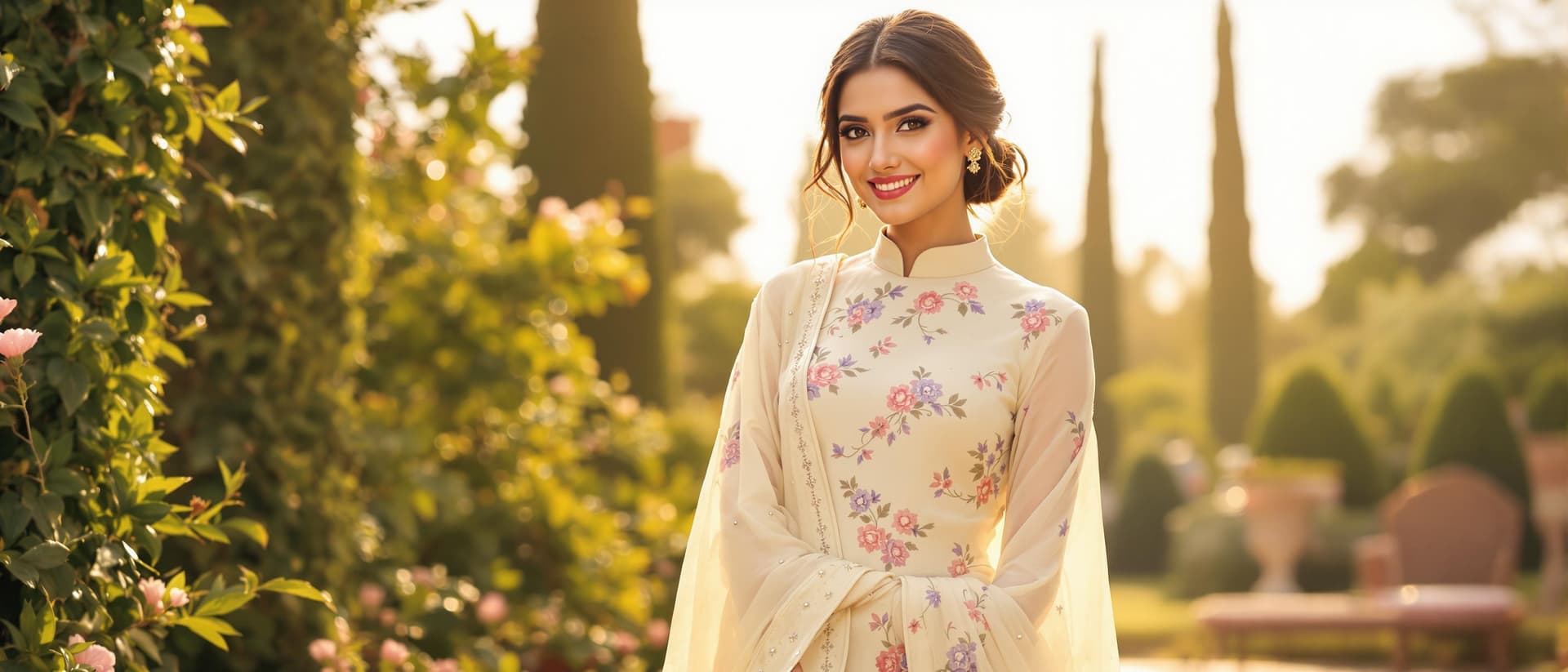 AI generated: A graceful woman in a beautiful cream-colored Anarkali suit with subtle floral embroidery in shades ...