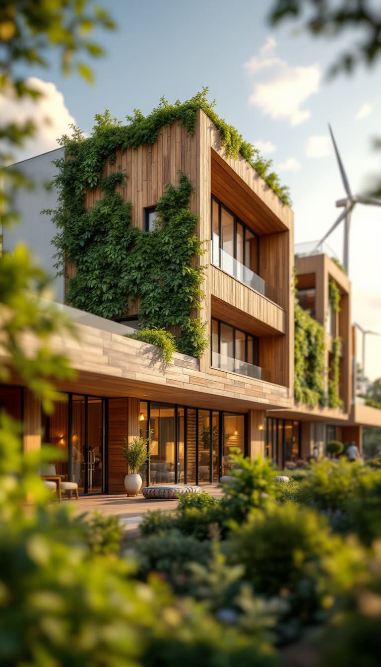 AI generated: Eco-friendly building, reclaimed wood accents, living green walls, bamboo flooring, low-carbon concr...