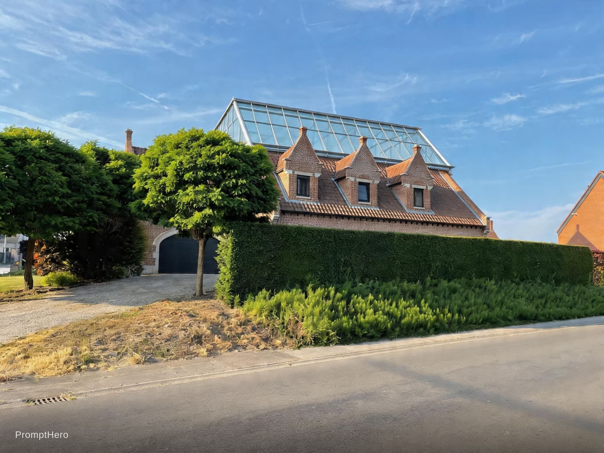 AI generated: create a glass roof on the top of the house, keep the 3 windows free, modern look