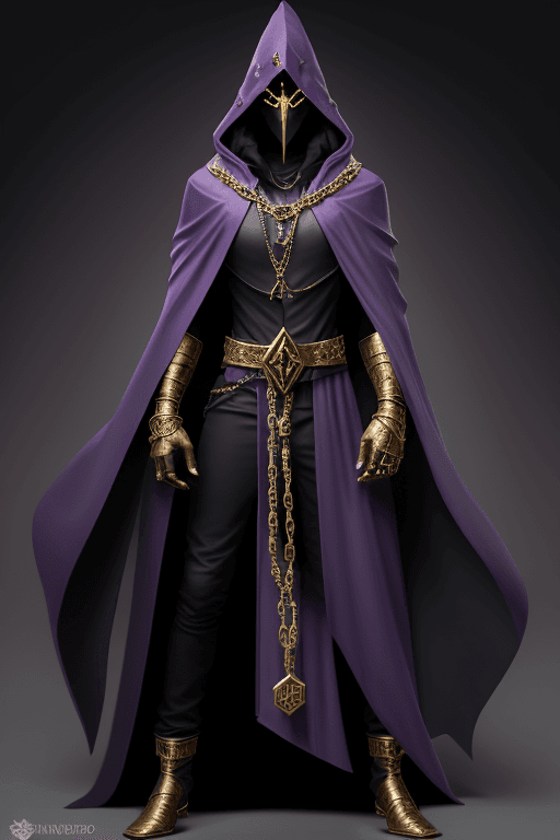 AI generated: Shadow wizard money gang, in purple cloak hood, dark face, gold chains and jewellery. Gold triangle ...