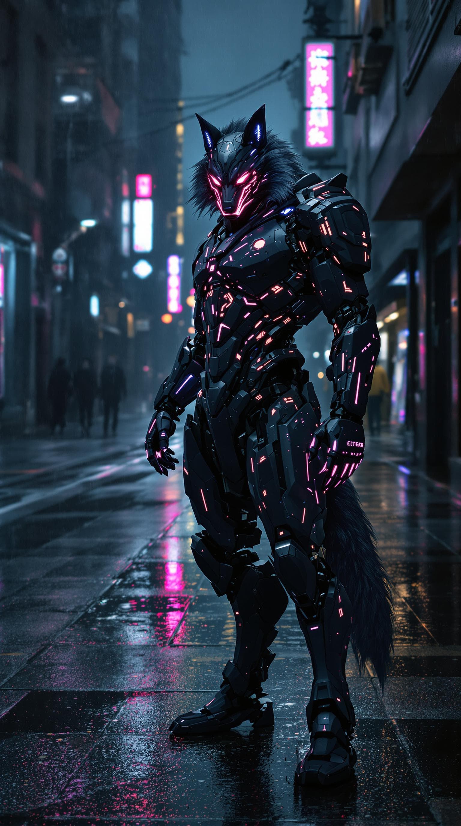 AI generated: Cyborg version of a wolf in Hi-tech new armour. Posing In dark rainy Dystopian city, on an empty str...