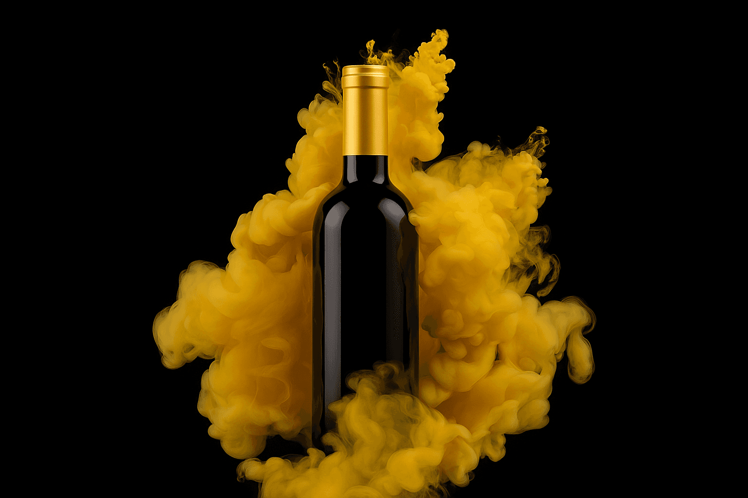AI generated: A dramatic studio photograph of a sleek, glossy wine bottle with a golden cap, centered against a pu...