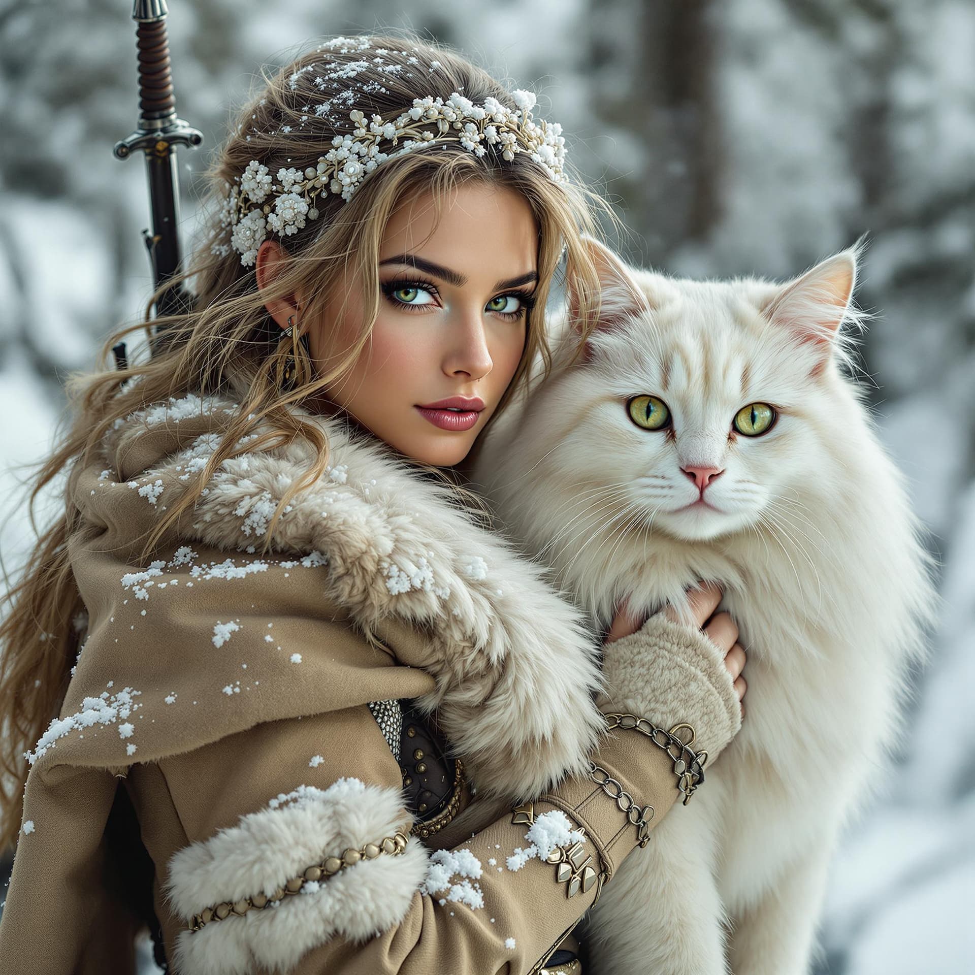 AI generated: photo réaliste et détaillé d'une femme barbare belle et généreuse avec des yeux vert et de longs che...