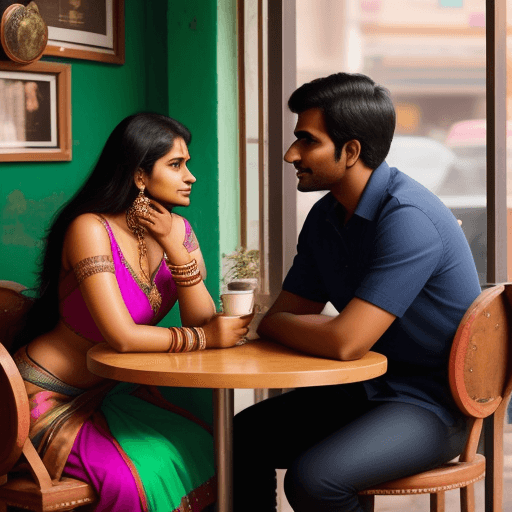 AI generated: There is an Indian woman who is very beautiful and lovely and is sitting on a chair in a cafe with a...