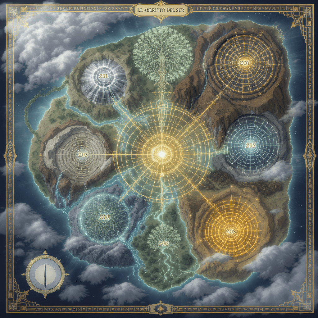 AI generated: An expansive sacred terrain map depicting the seven zones and A top-down sacred terrain map represen...