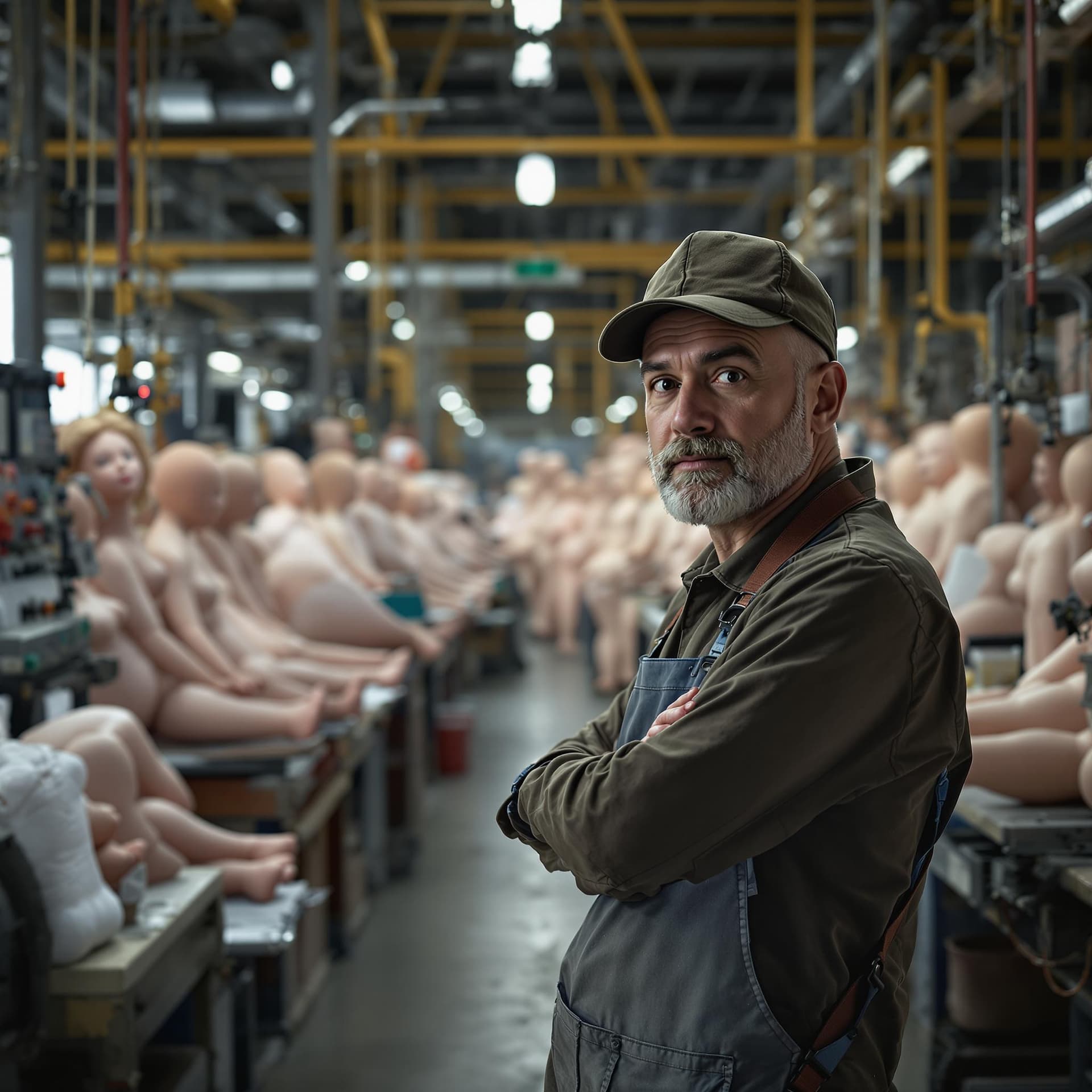 AI generated: In the photo, a worker at a factory in the workshop for the production of inflatable dolls for adult...