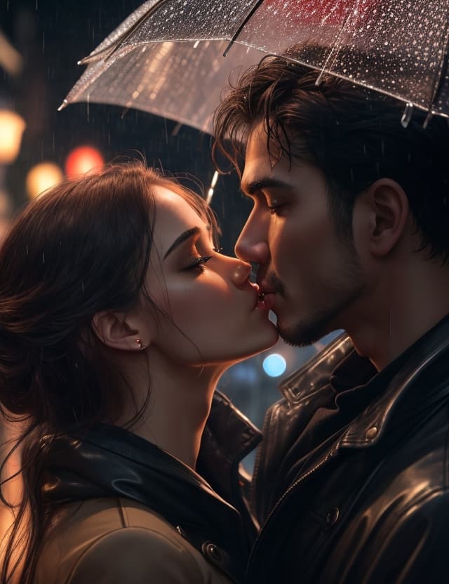 AI generated: A passionate and dramatic encounter between a man and a woman, captured in a rainy city street, thei...