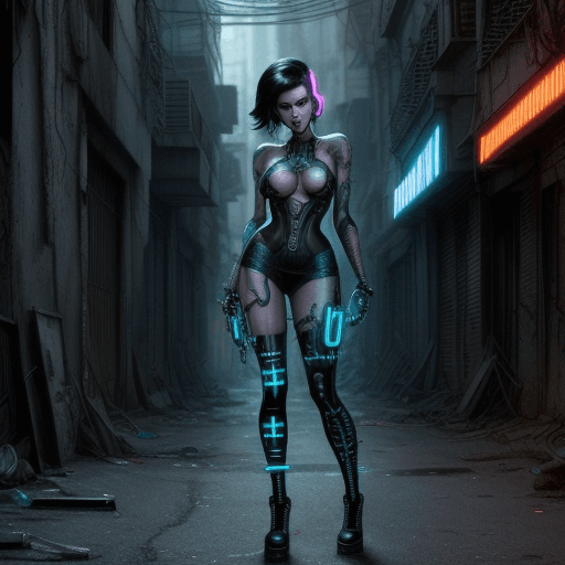 AI generated: Sexy punk in a dirty Ghetto street,,ruins,tron, bioimplants,cable come out of her body