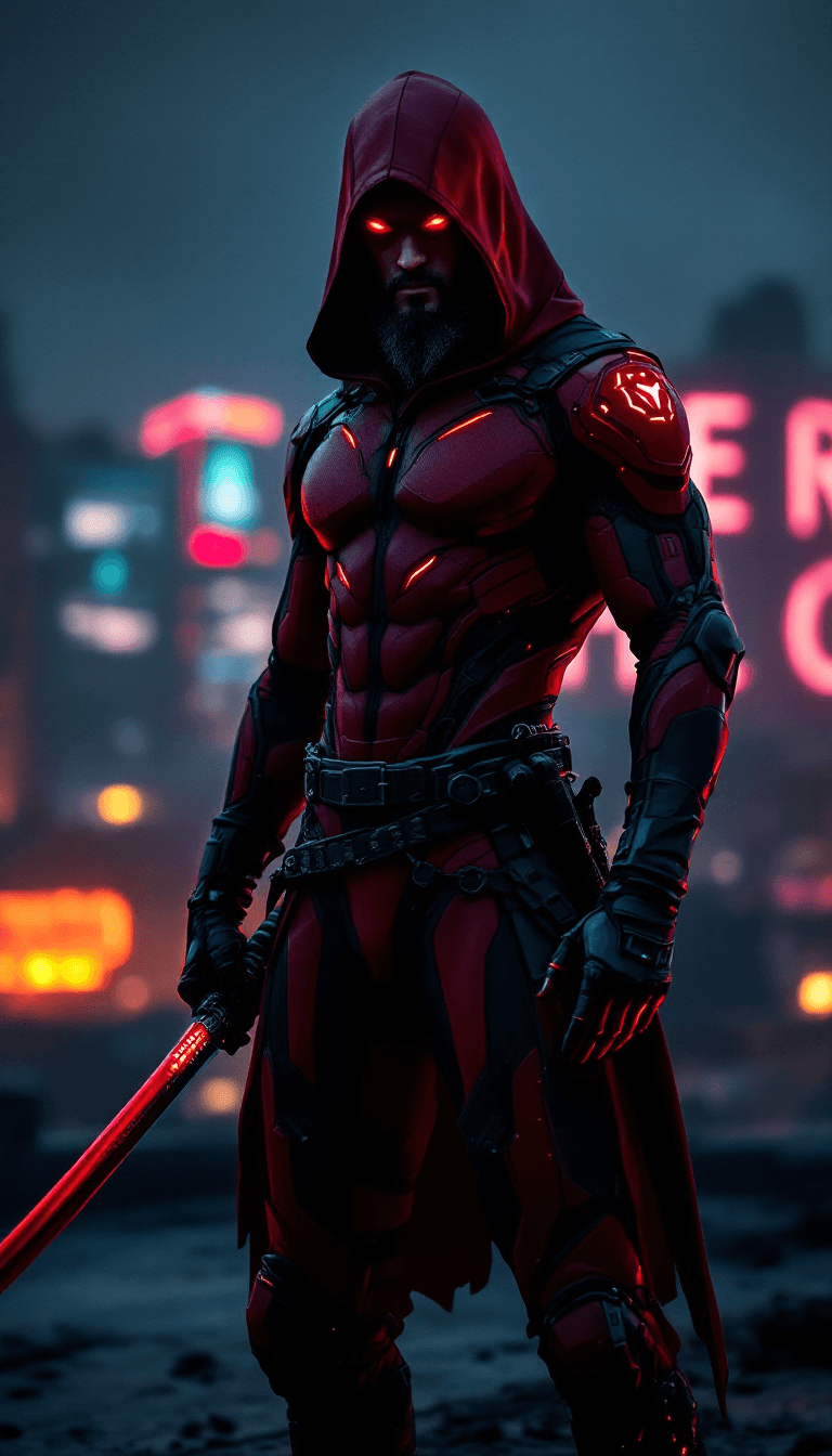 AI generated: A male assassin in a dark red cyber body suit with black accents. His eyes glow red. Beard, open fac...