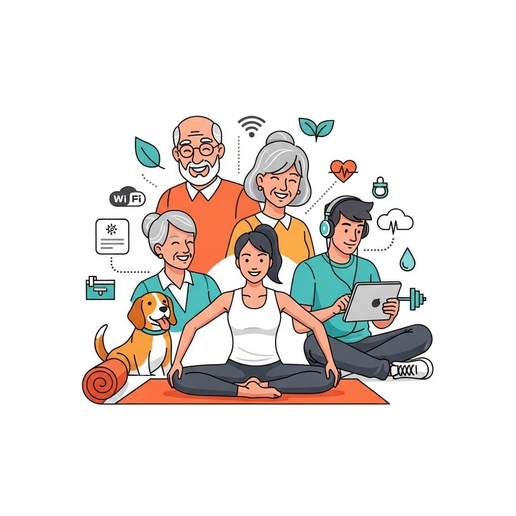 AI generated: crea una imagen donde aparezca gente mayor, gente joven algo de tecnologia y de bienestra fisico y a...