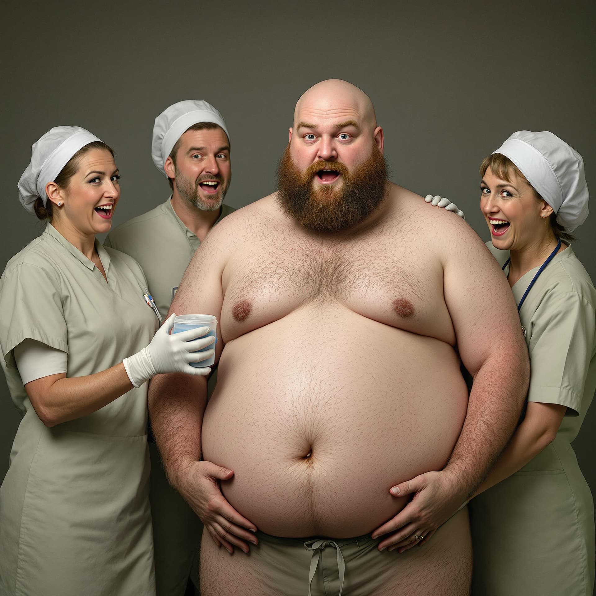 AI generated: Bald, fat, short, short bearded man fully undress in front of four amused middle aged nurses in medi...