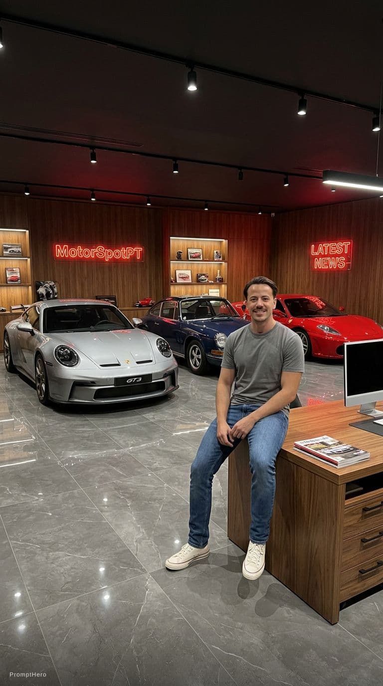 AI generated: Create a realistic image of a luxury office that doubles as a luxury car garage and office, featurin...
