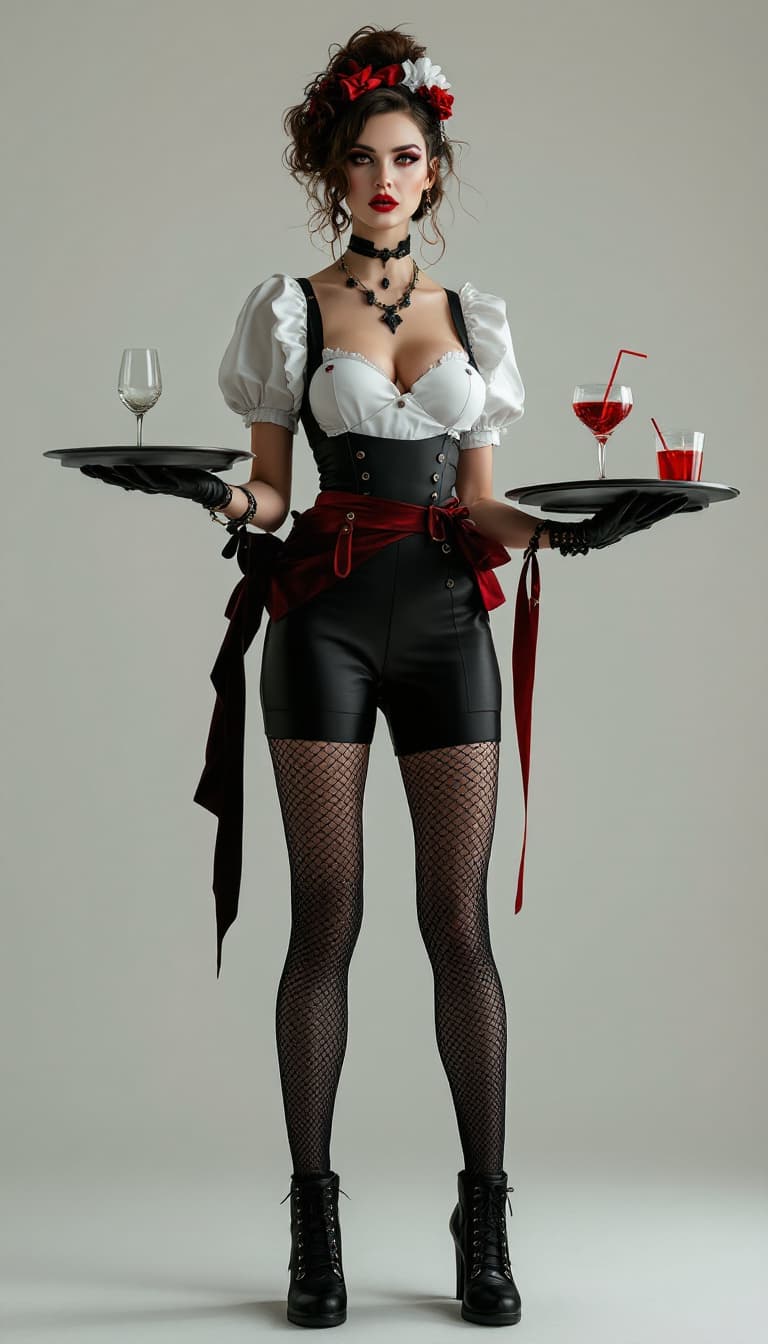 AI generated: full-body portrait in style of Bettina Rheims, psychobilly fashion model with a towering stature and...