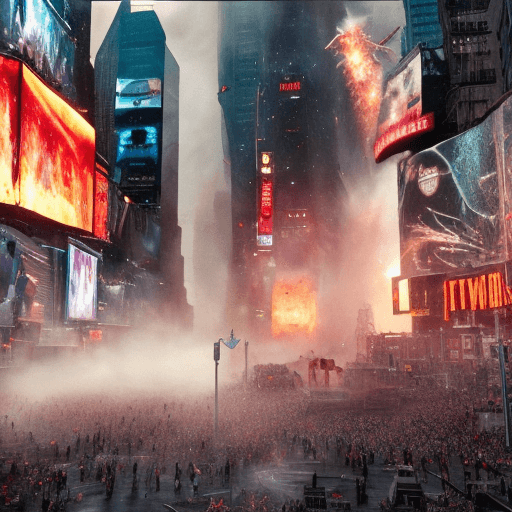 AI generated: cinematic photograph depicting an apocalyptic scene of armageddon, alien warships invading Times Squ...