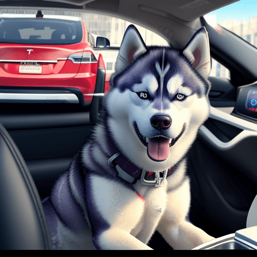 AI generated: one husky dog drivink a tesla cars in the espace and drinking 
cocacola