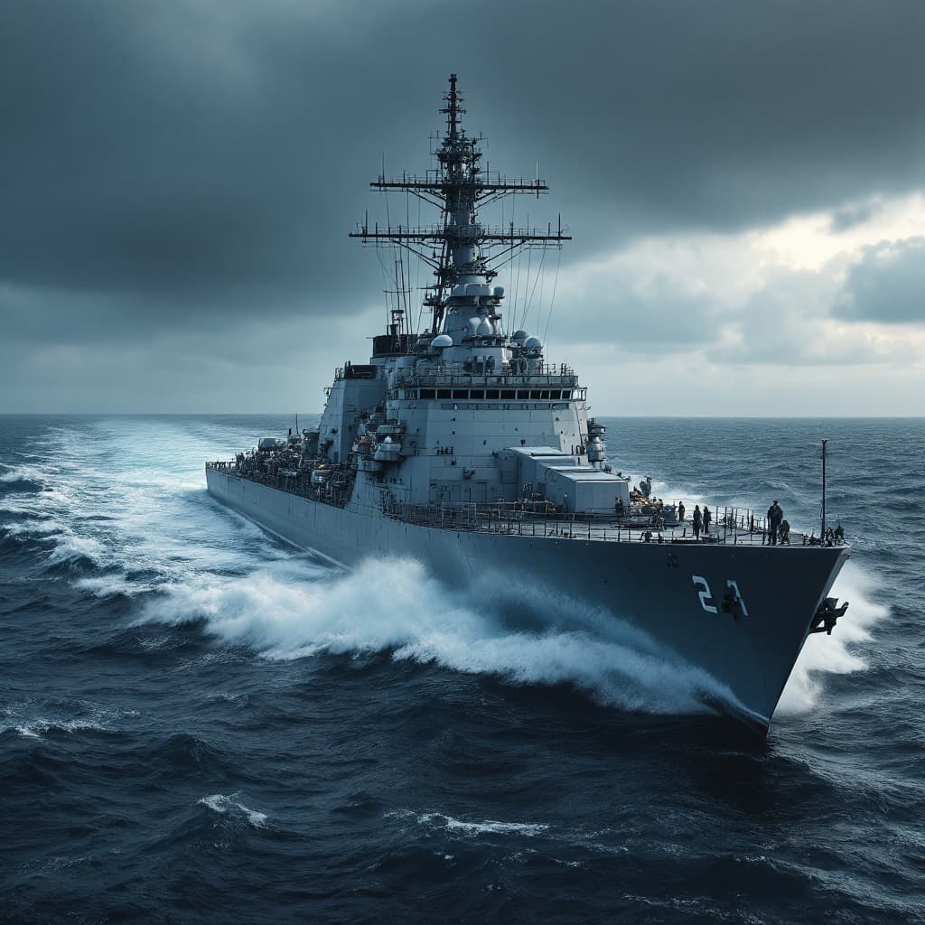 AI generated: professional photo of the USS Camden AOE2, on the high seas, during ruff weather,  8k, (high res),ul...