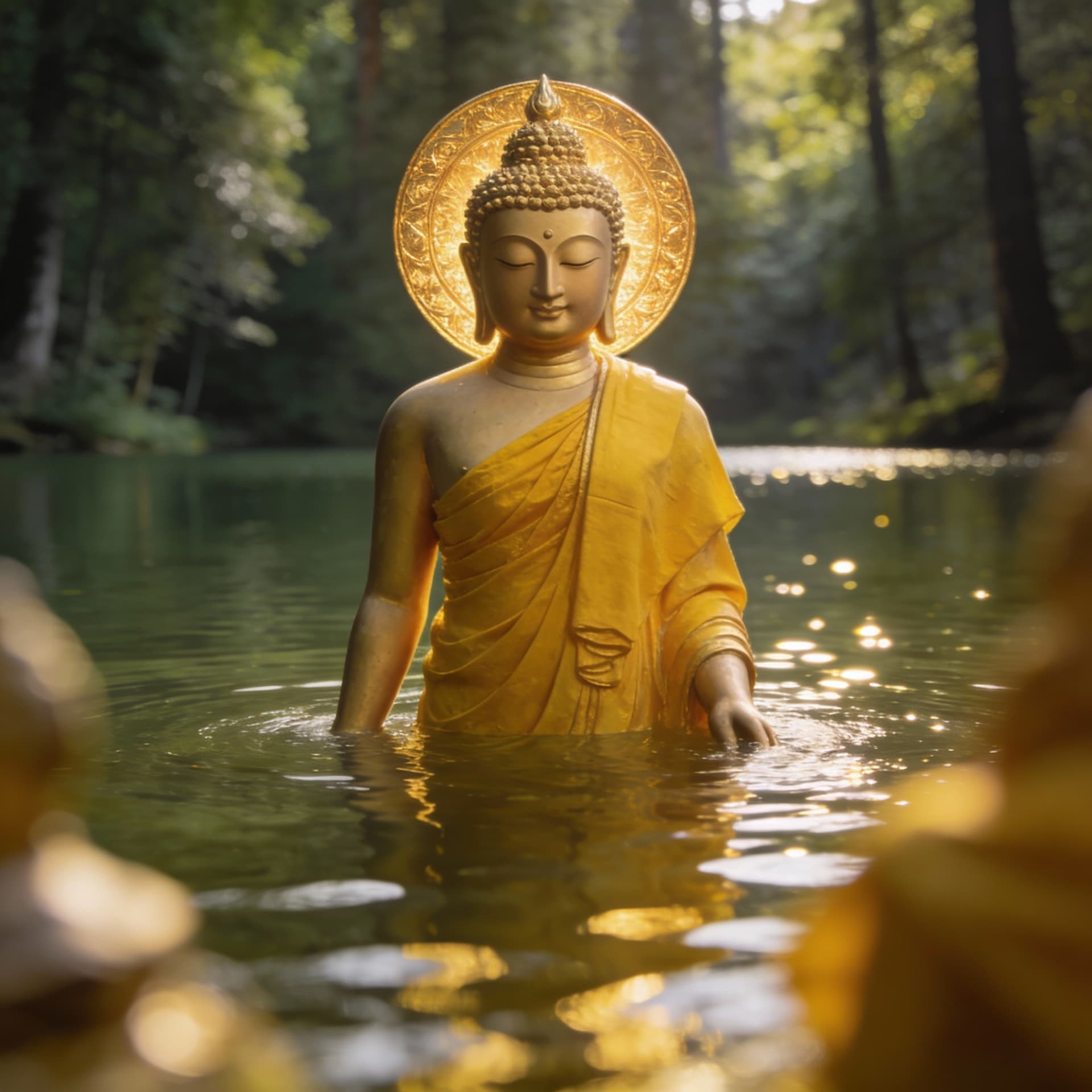 AI generated:  Lord Buddha with a halo is standing on the water in a forest lake with a tranquil facial expression...