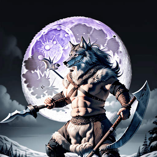 AI generated: a viking wolf wearing a blindfold over its eyes carrying a axe in both hands55 with a full moon behi...