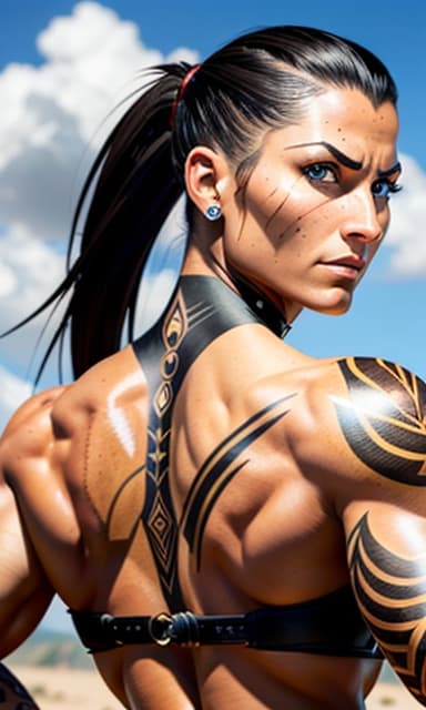 AI generated: A portrait of a muscular and futuristic female tattooed gladiator, long black ponytail hair cascadin...