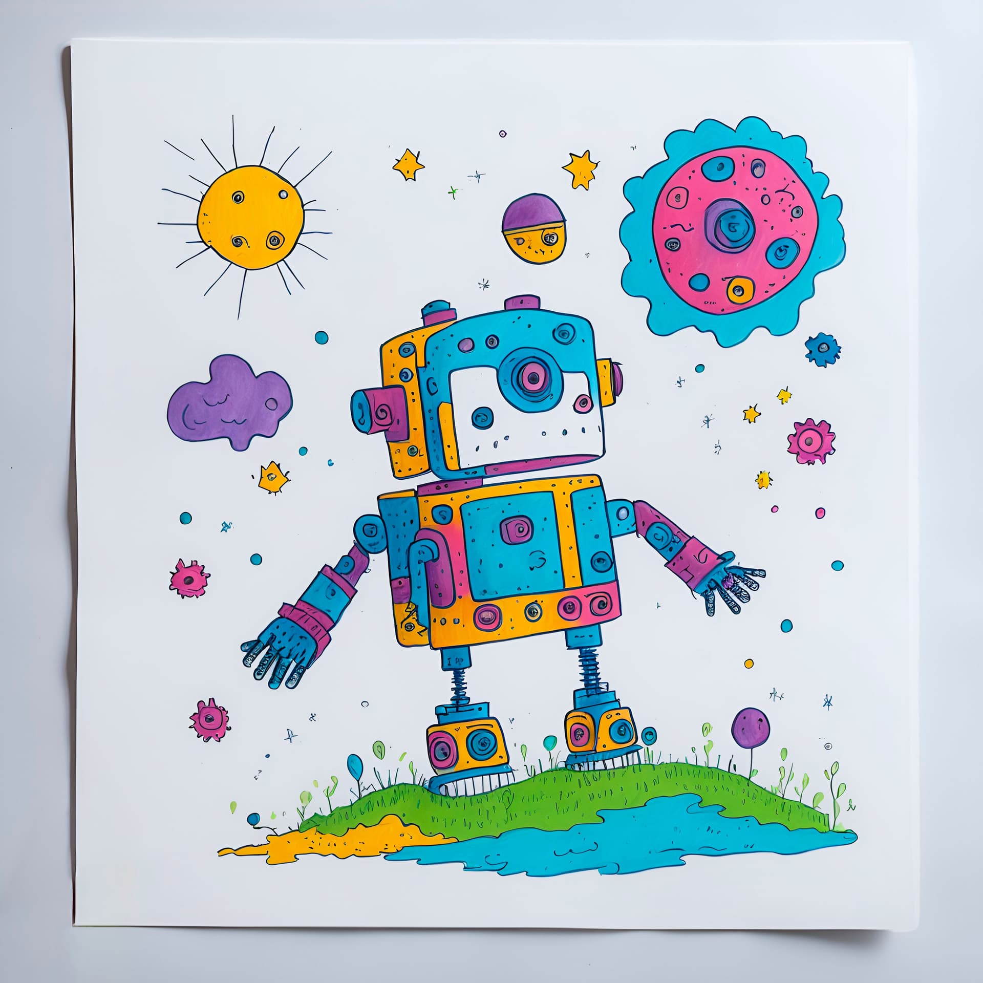 AI generated: A playful, hand-drawn crayon drawing of a fantastical colorful robot in amazing environment created ...
