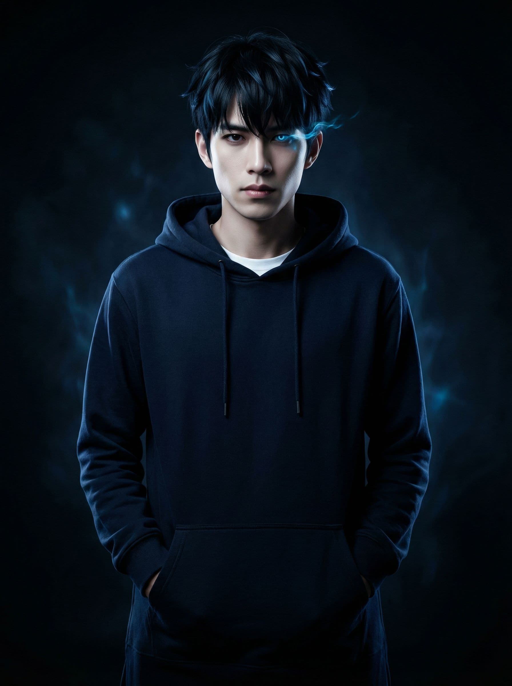 AI generated: A photo-realistic full body-portrait of Sung Jin-Woo from Solo Leveling  with piercing dark eyes wit...