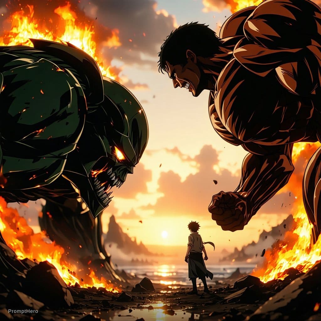AI generated: masterpiece, cinematic scene, award winning, cinematic angle, Attack on titan, Levi versus armored T...