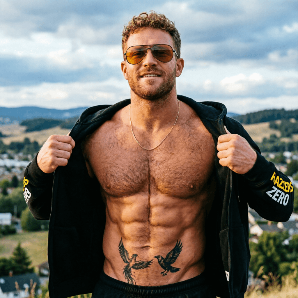 AI generated: Un homme blanc d’environ 30-35 ans, extrêmement athlétique et musclé, se tient debout en plein air, ...