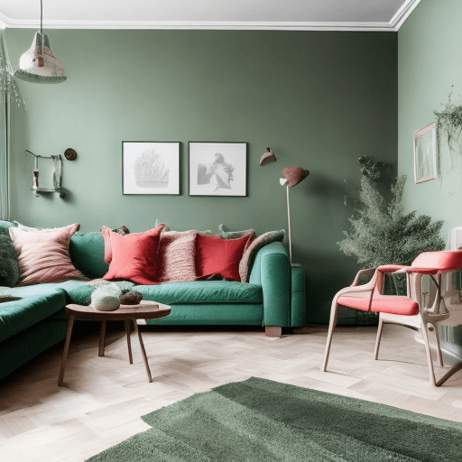 AI generated: And editorial photograph of a Scandinavian interior design, in Coral, Dark Green, Moss color palette