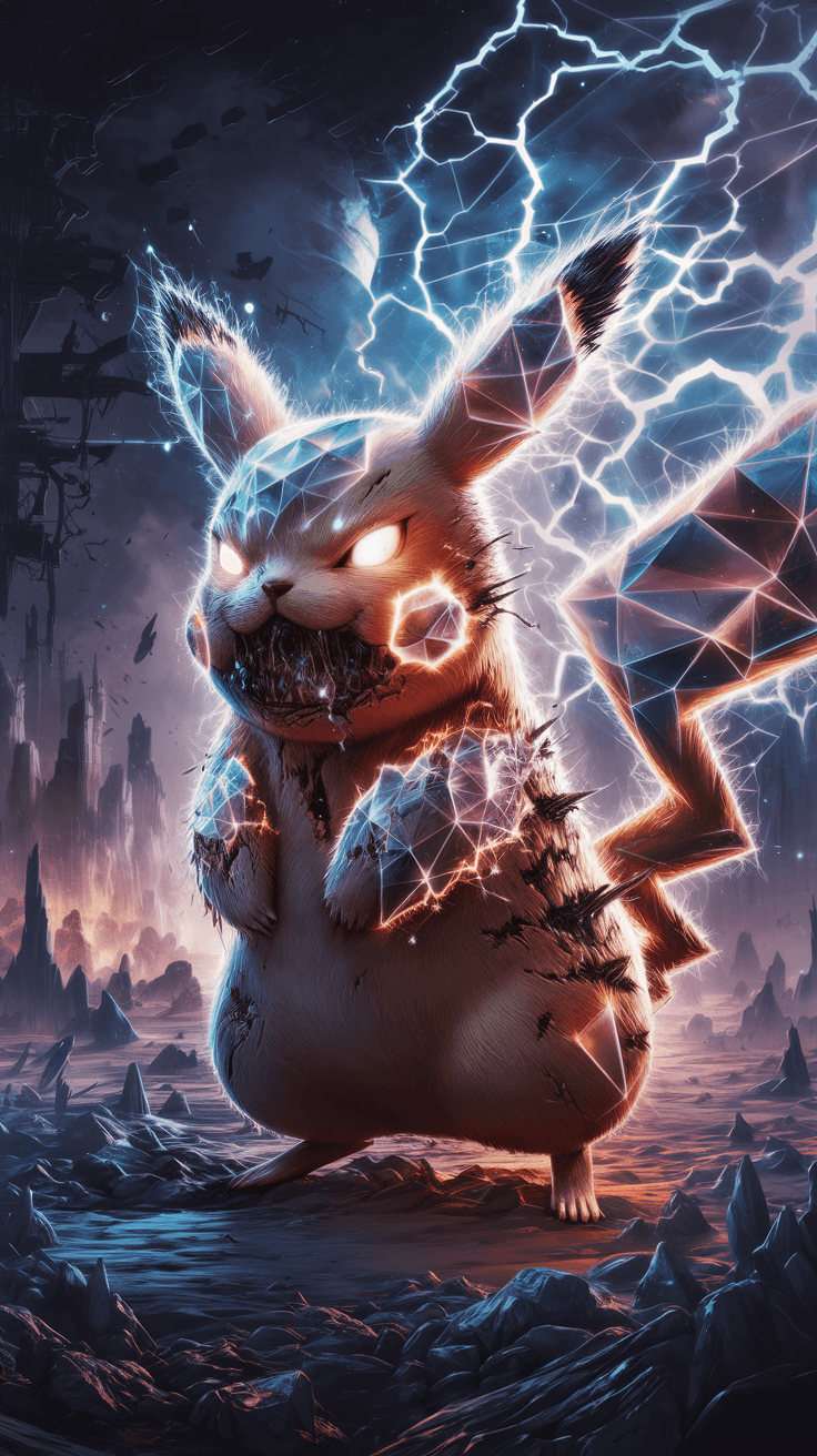 AI generated: Create an awe-inspiring masterpiece depicting a war-torn, godlike Pikachu transcending dimensional b...