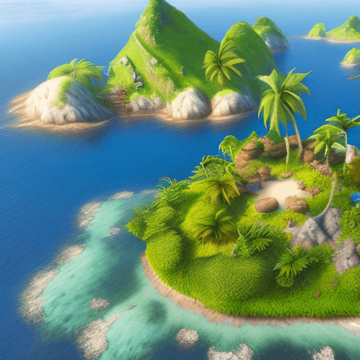 AI generated: Photo of realistic cartoon island, lush vegetation, sunny, surrounded by water and a distant mainlan...