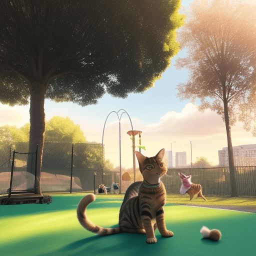 AI generated: a beautiful tabby cat playing in the park with a scratching post of various heights on a sunny day a...